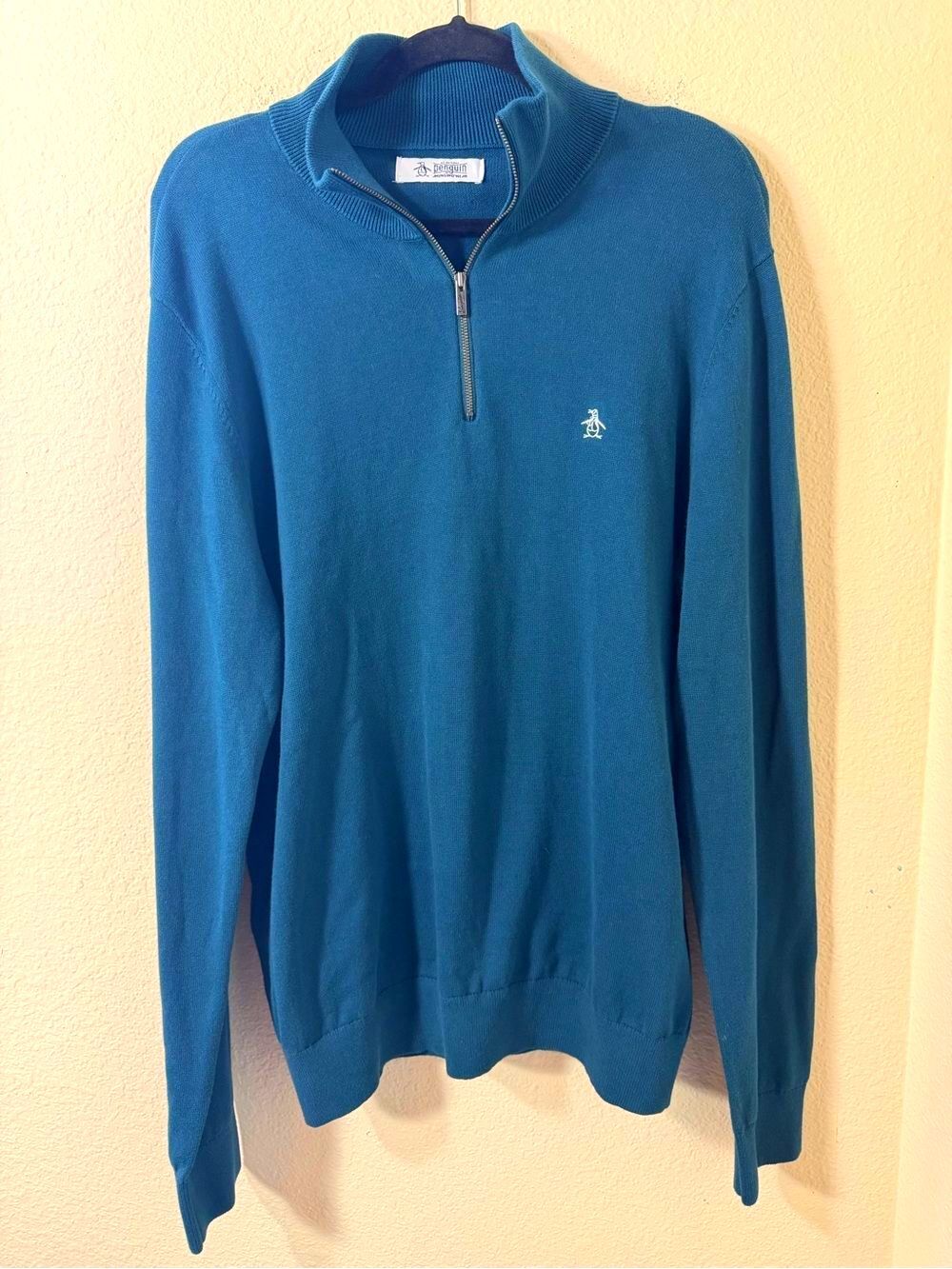 An Original Penguin Mens Quarter Zip Knit Sweater Teal Blue Preppy Size L